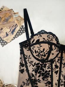 Plus Size Black Floral Sheer Sexy Deep V-Neck Party Bodycon Corset - Brown - View 5