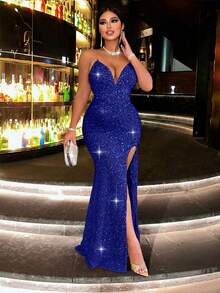 CHOSMO 海军蓝亮片金属链条吊带露背高腰开衩连衣裙，优雅女士正式礼服，适合舞会、鸡尾酒会、婚礼宾客、春季正式场合。 - 寶藍色 - 查看 3