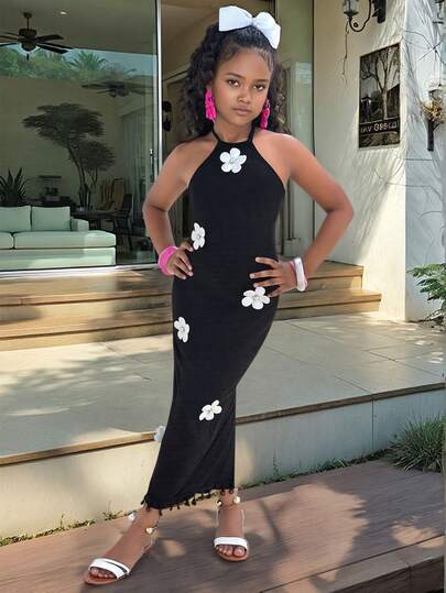 女童无袖碎花流苏连衣裙，时尚优雅修身开衩下摆吊带裙，适合夏季海滩度假旅行，舒适百搭