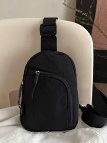 女士纯色PU皮腰包，复古时尚胸包，腋下包，春夏新款休闲单肩斜挎小包，百搭简约胸包 - 黑色 - 查看 6