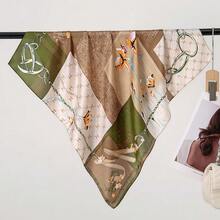 Vintage Checkered Silk Scarf With Chain Print,  Square Bandana For Women, Versatile Hair Tie & Bag Accessory, Faux Silk Floral Scarf - 棕色 - 查看 2