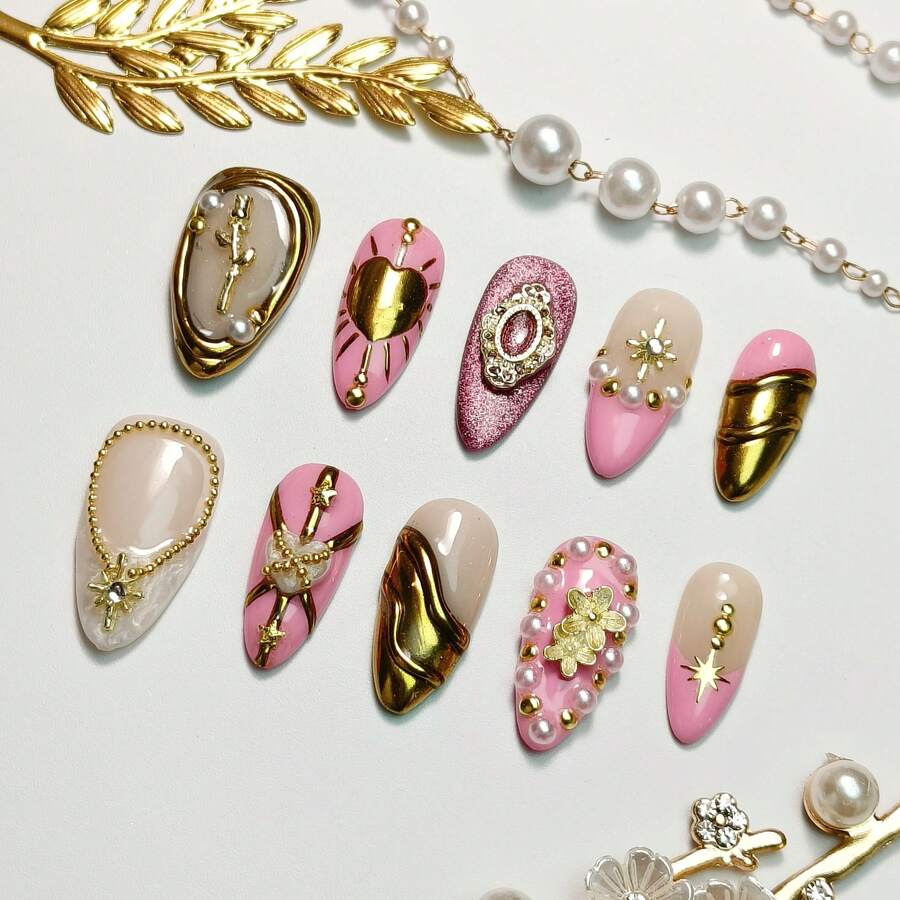 10pcs Handmade Press On False Nails Medium Almond Pink Nude 3D Gold Metallic Pearl Rhinestone Star Nail Charms Romantic Princess Royalcore Style Wedding Date Tea Party Daily Wear Unas Postizas - Hồng - Xem 1