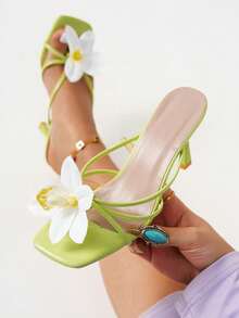 Women's Fashion Casual Elegant Square Toe Floral PU Striped Slip-On Comfortable Daily Summer Green Sandals, Women's High Heel Sandals - Green - View 2