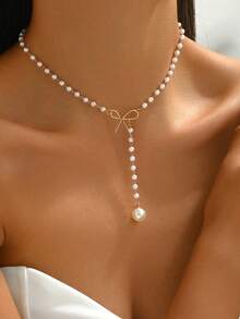 1件简约领结，仿珍珠流苏吊坠项链，简约优雅设计，适合作为女友/情人节/周年纪念礼物