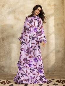 Faeriesty Women's Elegant Chiffon Floral Long Bishop Sleeve Maxi Dress With Stand Collar And Belted Flared Hem, Romantic Glamorous Gown - Baby Pink - View 2