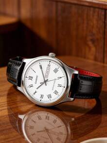 Reloj de cuarzo para hombre, correa de cuero genuino, esfera con números romanos blancos, pantalla de fecha, reloj analógico de tres manecillas, adecuado para uso diario, casual y otras ocasiones MTP-V006L-7B - Blanco - Ver 3