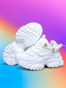 女士7厘米增高户外休闲运动鞋，时尚3D可拆卸装饰，包括金色星星和小熊，四季皆宜，EVA厚底，系带，白色高跟，轻便柔软减震防滑透气网布凉鞋，适合大学生、青少年、日常穿着、约会、健身、办公等场合，厚底运动鞋 - 白色 - 查看 8