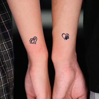 1pc Waterproof Temporary Tattoo, PVC Faux Tattoo With Pet Paw Print & Heart Design, Couples Tattoo Sticker