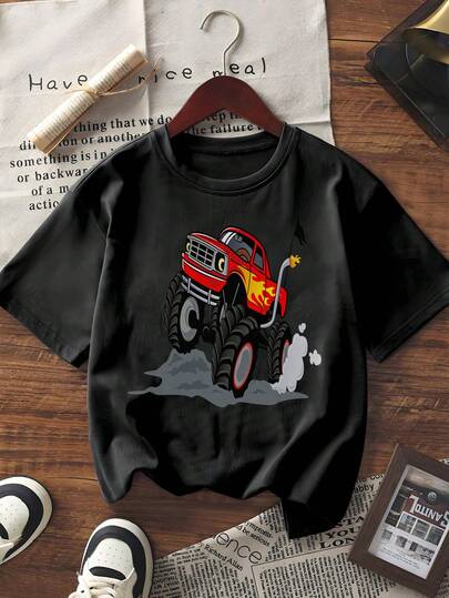 2026 Summer Cartoon Monster Truck Graphic Tee Women Men Casual Loose Fit Short Sleeve Crew Neck T - Shirt Streetwear Fashion Cotton Blend Comfortable Top With Cool Car Print  Plus Size Available