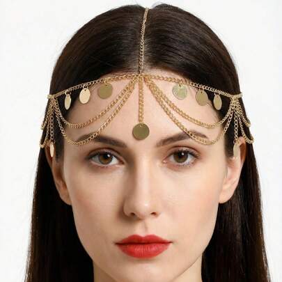 1条金色硬币形亮片发链，配波浪形流苏，女士珠宝发饰，适合派对、庆典、海滩度假等场合。