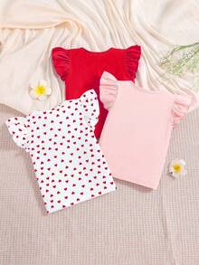 3pcs/Set Toddler Girls' Ruffle Sleeve Heart Print T-Shirts, Adorable Heart Print + Ruffle Sleeve Design, Makes Young GirlSweet And Playful! Available In Purple, Pink, And White Dream Colors, Versatile And Easy To Wear, Suitable For Daily Wear, Kindergarten, Parent-Child Activities, Etc. Soft And Breathable Fabric, Comfortable And Not Stuffy, Allowing Kids To Play Freely, Sweet And Fashionable! - Red - View 2