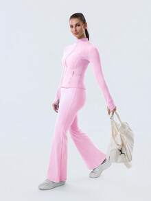 Women Slim Fit Sports BBL Jacket With Thumb Hole Stand Collar Zip Up - Meringue hồng/vàng - Xem 7