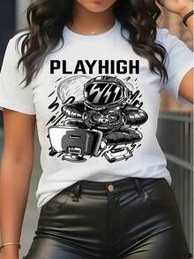 Women's Short Sleeve Crew Neck T Shirt Casual Graphic Print PLAYHIGH Gaming Robot Pattern Tee Top Summer Streetwear Basic Tees - White - View 6