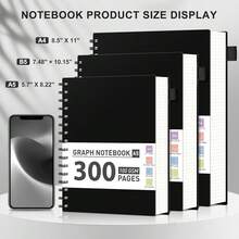 Graph Paper Notebook, 300 Pages Spiral Notebook Journal, A5 Grid Paper Notebook, 100gsm Thick Paper, Plastic Hardcover Journals For Schoolsss Writing Engineering Math, 5.7\ X 8.3\, Black - Black - View 4