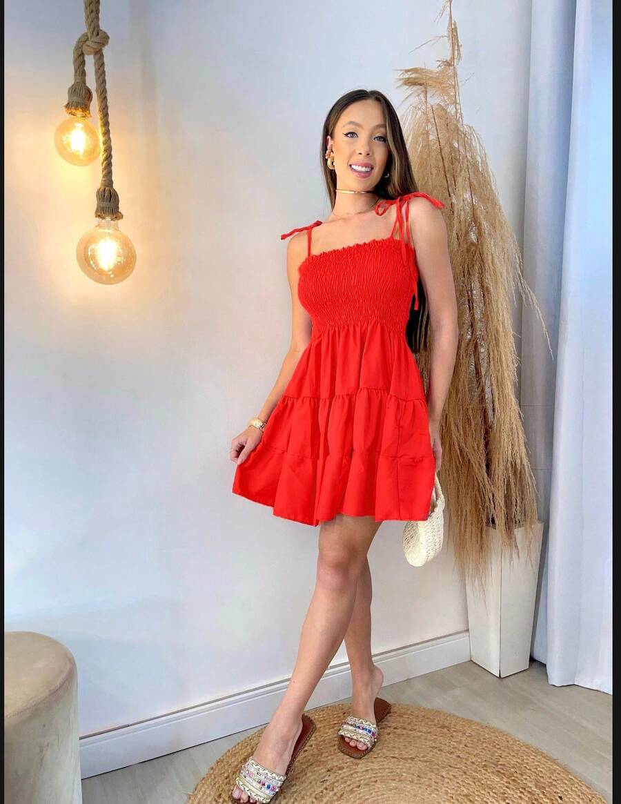 Women's Three-Tiered Dress With Lastex Fabric, Style, Cool And Comfortable, With Elasticated Elastic And Adjustable Straps, Summer, Day & Night, Party, Beach, Fashion, Ruffled - Đỏ - Xem 1