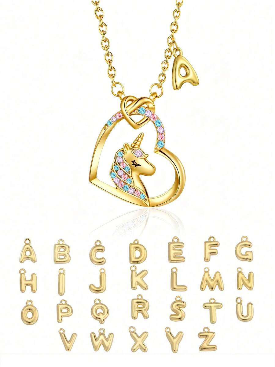 1 st söt populär 3D-ballong halsband med engelsk initial och hjärtformad enhörning med guldplätering som smycke till vardagsbruk - Guld - Visa 1