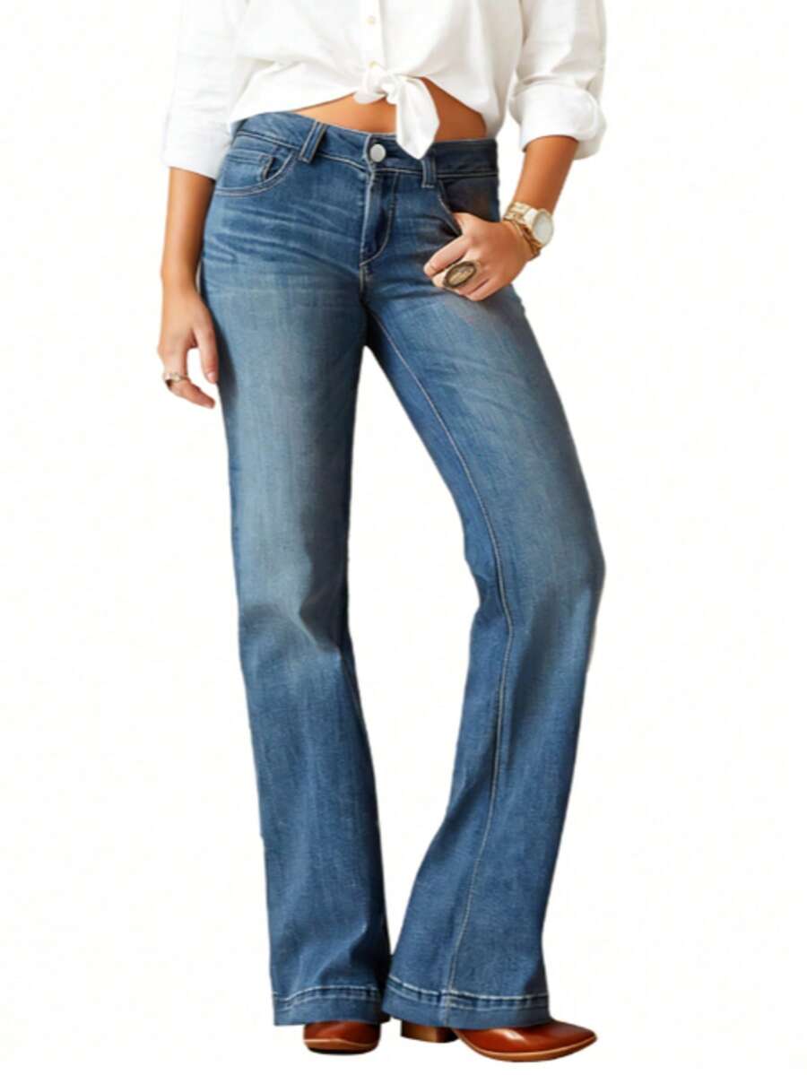 Women's Wide Leg Jeans Casual High Waisted Straight Denim Pants With Pockets - Màu xanh lam - Xem 1
