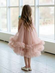 小女孩粉色蝴蝶结毕业礼服，薄纱裙摆带小拖尾，优雅公主裙，适合女孩生日派对、婚礼、舞会、节日庆典等场合。 - 淺粉色 - 查看 3