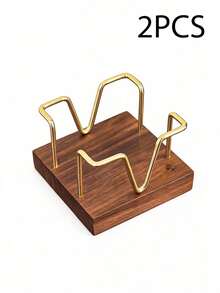 1/2pcs Desktop Self-Adhesive Memo Paper Organizer Holder With Business Card Rack, Black Walnut Simple Hollow Metal Memo Pad Holder