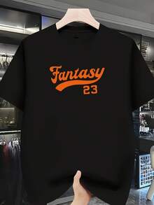 Men Stretchy T-Shirt Soft Knit Tee With Bold 'Fantasy ' Orange Lettering Breathable Summer Shirt For Sports Everyday Formal Events Machine Washable Casual Top - Black - View 1