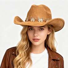 Sombreros de vaquera estilo western para hombre y mujer, modernos, con ala enrollable y diseño de mariposa, para viajes al aire  fiestas. - Caqui - Ver 2