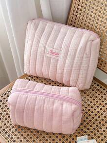 Pink Striped Quilted Makeup Bag Portable Storage Bag With Zipper Handheld Bag Travel Washbag Large Opening Zipper Design Makeup Bag - Pink - View 8