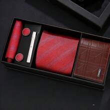 6件套男士极简轻便钱包+优雅领带套装，情人节、生日、周年纪念日送给他的完美礼物 - 棕色 - 查看 1