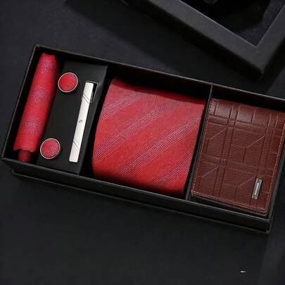 6件套男士极简轻便钱包+优雅领带套装，情人节、生日、周年纪念日送给他的完美礼物