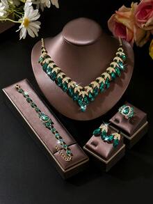 Bộ trang sức hợp kim kẽm tối giản, cách điệu phong cách Âu Mỹ (4/5 món/set) đính pha lê, dây chuyền nữ, phụ kiện váy dạ hội, váy cưới. - màu xanh lá - Xem 10