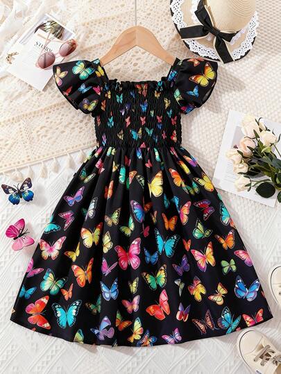 Girls' Black Background Colorful Butterfly Print Dress, Elastic Pleated Top, Square Collar Puff Sleeves, Cinched Waist A-Line Flared Skirt, Suitable For Everyday And Outings