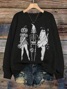 Ghost Girls Squad, Skeleton Ghost Pumpkin, Witch Autumn, Retro Halloween, Halloween Gift, Girls Sweatshirt, Nightmare Before Christmas, Halloween, Halloween Costumes For Women, Casual Crew Neck Long Sleeve High Quality Fleece Sweatshirt For Women- New Printed Sweatshirt - 黑色 - 查看 13