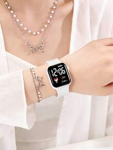 3pcs Cute & Fashionable White Digital Watch With Butterfly Bracelet & Necklace Set For Teenage Girls, White Silicone Strap, Plastic Case, Suitable For Daily Wear, Valentine's Day, Party, Gift For Friends (No Box) - White - View 3