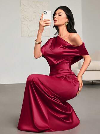 Elegant Off-The-Shoulder Acetate Satin A-Line Maxi Dress For Women, Suitable For Parties, Celebrations And Other Occasions / Autumn Women's Wear / Party Cocktail Dress / Elegant And Sexy Nightclub Dress / Holiday Dress / Wedding Guest Dress / Elegant Wedding Guest Dress / Women's Church Dress / Women's Date Night Dress / Date Dress / Formal Wedding Guest Dress