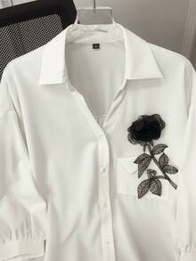 女士优雅衬衫，饰有3D玫瑰图案，适合日常通勤和情人节约会 - 白色 - 查看 2