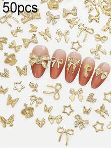 [50 Stück/100 Stück] Y2K Gold Schleife Nagel Schmuck, Gold Metall Schleife Nail Art Dekorationen, Luxus Nagel Accessoires, DIY Nagel Dekoration, geeignet für Frauen und Mädchen Nägel - Gold - Übersicht 7