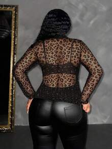 Curvy Grace Elegant Chic Casual Leopard Ombre Polka Dot Allover Print Mesh Fabric Sexy Clubwear Blouse, Suitable For Beach, Night Out, Holiday, School, Office, Daily, Party, Festival - Coffee Brown - View 2