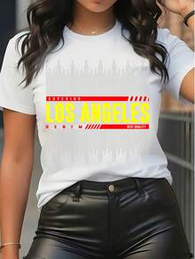 Women's Short Sleeve Graphic Tee Los Angeles Print Crew Neck T Shirt Casual Streetwear Summer Top - White - View 6