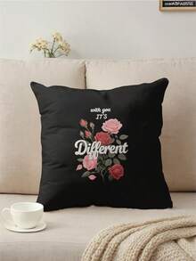 1件黑色背景花卉印花装饰枕套，家居装饰靠垫套，不含填充物，斋月、情人节礼物及装饰枕 - 彩色 - 查看 10