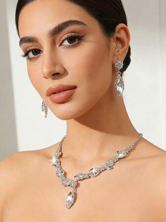 3pcs Luxury Sparkling Copper Rhinestone Bridal Necklace Earrings Set, Elegant Jewelry Set For Girls, Suitable For Birthday Party, Wedding, Valentine's Day Gift