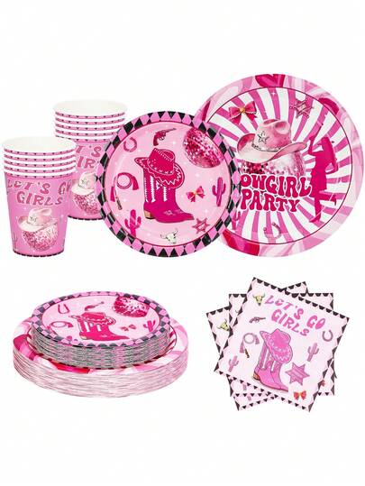 10pcs/20pcs Hot Pink Let's Go Girls Decorations Disco Cowgirl Shoot Party Supplies Let's Go Girls Hot Pink Paper Plates Cups Napkins For Bachelorette Birthday Cowgirl Disco Party Supplies Favors
