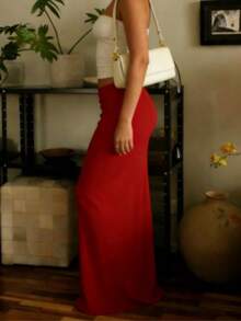 Chân váy satin thanh lịch dành cho nữ, chất liệu mềm mại, đa năng, tôn dáng, thướt tha, ôm sát cơ thể, phù hợp cho công sở, mùa xuân/hè. - Đỏ - Xem 2