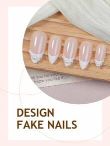 法式美甲亚克力24片装中号杏仁形按压式美甲贴片，DIY艺术白色珠子/银色珠子配件装饰假指甲套装3D，适用于美甲沙龙、女孩和女士美甲用品，日常佩戴、节日派对和礼品 - 彩色 - 查看 3