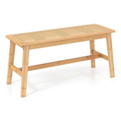 39.5" Bamboo Dining Bench With Handwoven Rattan Seat, Wooden Entryway Bench