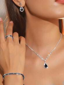 5件套闪亮水钻首饰套装，粉色Y2K时尚耳环、戒指、手链、项链组合，新娘婚纱配饰 - 黑色 - 查看 2