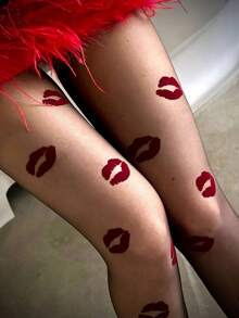1pc Black Sexy Lip Print Thin Pantyhose - Black - View 2