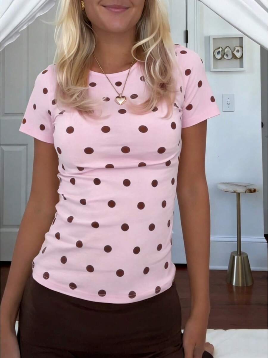 Polka Dot Tops For Women Y2K Short Sleeve Crop Top Vintage Cute Slim Fit Crew Neck Shirt Going Out Streetwear - Hồng - Xem 1
