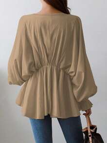 Women's Casual Asymmetrical V-Neck Loose Pleated Waist Shirt, Relaxed Lantern Sleeve Long Sleeve Blouse, Spring/Summer - Light Khaki - View 5
