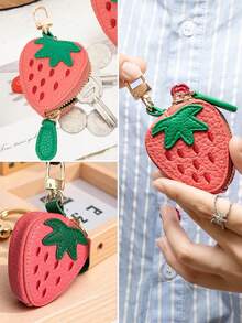 Cute Fruit Series PU Leather Mini Pouch Keychain Earphone Coin Bag - Strawberry Red - Multicolor - View 4