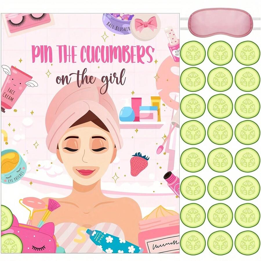 Spa Party Game Kit - 38pcs Set With Pin The Cucumbers Poster, Blindfolds & Stickers - Perfect For Makeup Parties & Spa Themed Events - Multicolor - View 1