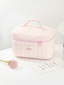 Pink Striped Quilted Makeup Bag Portable Storage Bag With Zipper Handheld Bag Travel Washbag Large Opening Zipper Design Makeup Bag - Pink - View 14